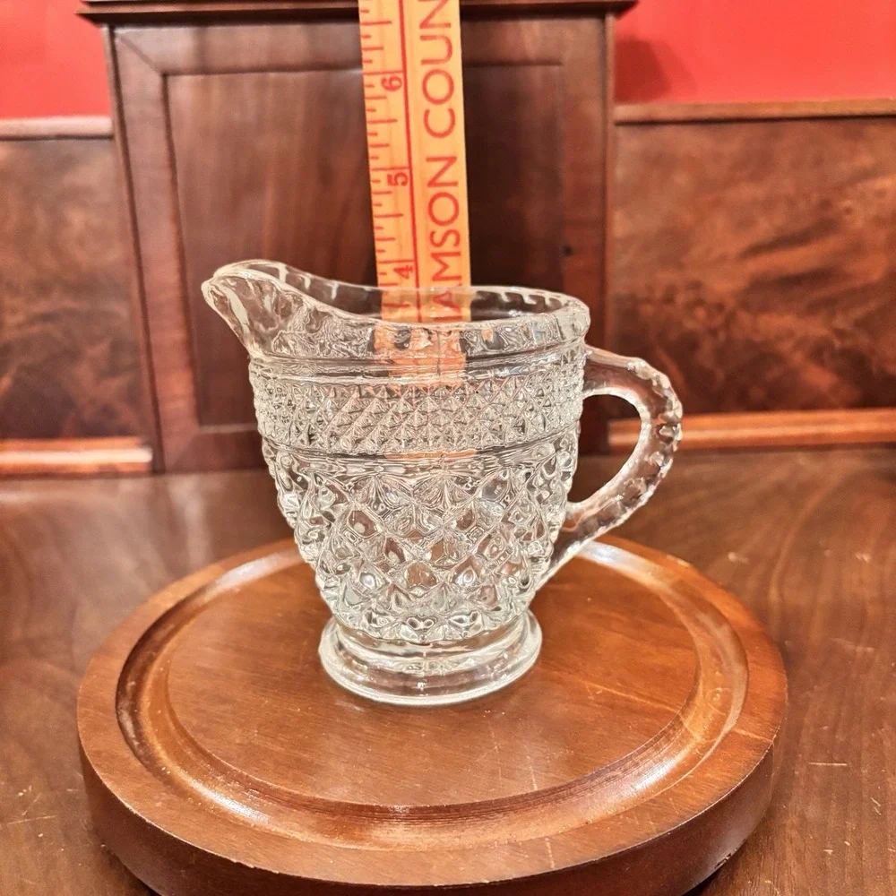 Vintage Clear Pressed Glass Creamer Diamond Pattern Footed Pitcher Scalloped Rim